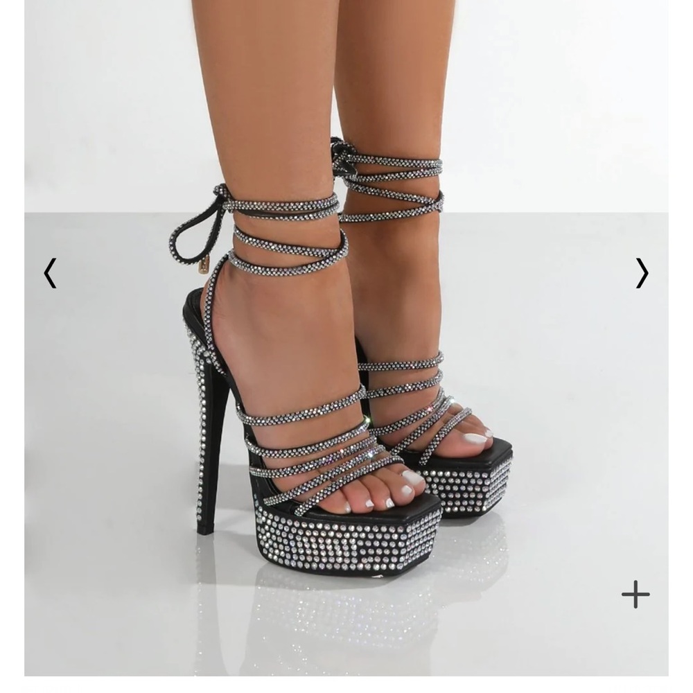 DULCE BLACK PU PLAFORM SQUARE TOE DIAMANTE ANKLE TIE HEELS